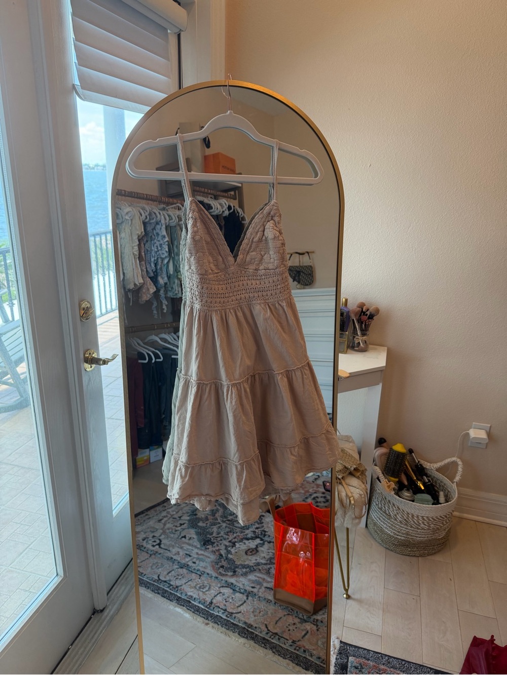 Beige Tiered Mini Dress with Crochet Bodice